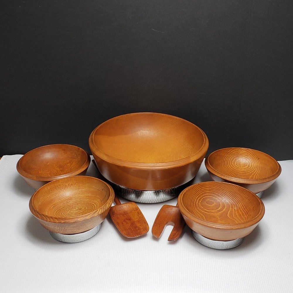 Hellerware Wood & Chrome Salad Set Vintage